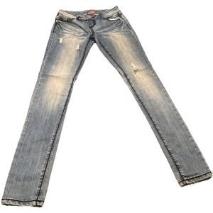 Almost Famous Women's Size 0 Distressed Skinny Jeans Rhinestone Embroidered